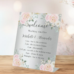 Wedding program timeline silver pink flowers pedestal sign