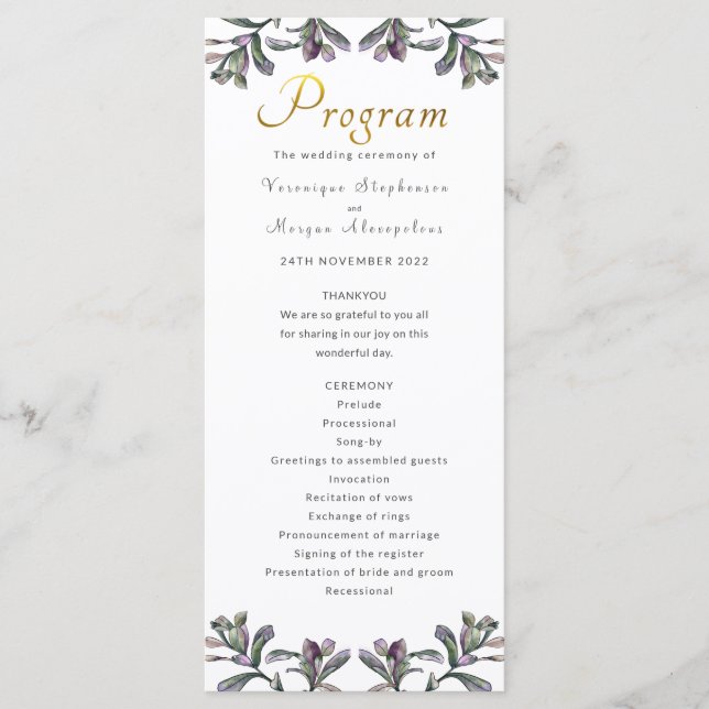 Wedding program tropical foliage gold script programme (Front)