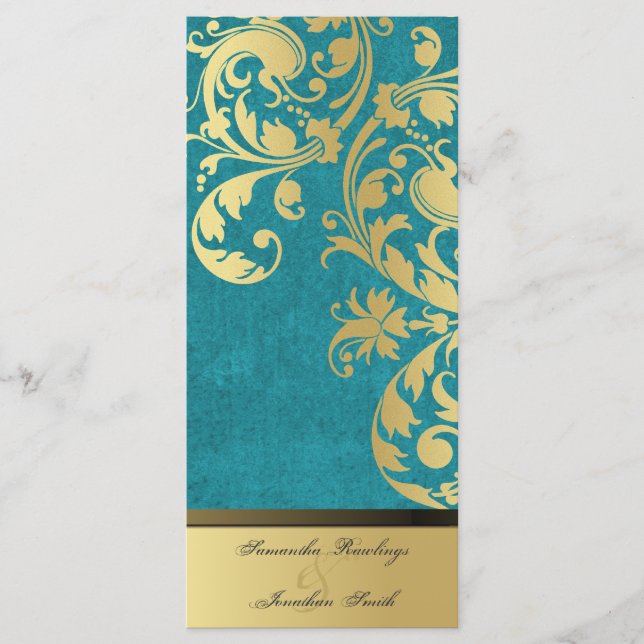 Wedding Program - Turquoise & Gold Shimmer Floral Programme (Front)