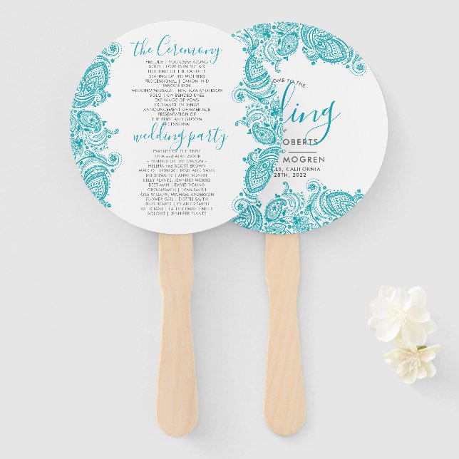 Wedding Program-Turquoise Paisley lace Hand Fan (Front and Back)