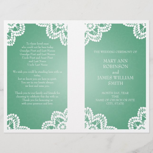 Wedding Program  Vintage Lace Mint Green (Front)