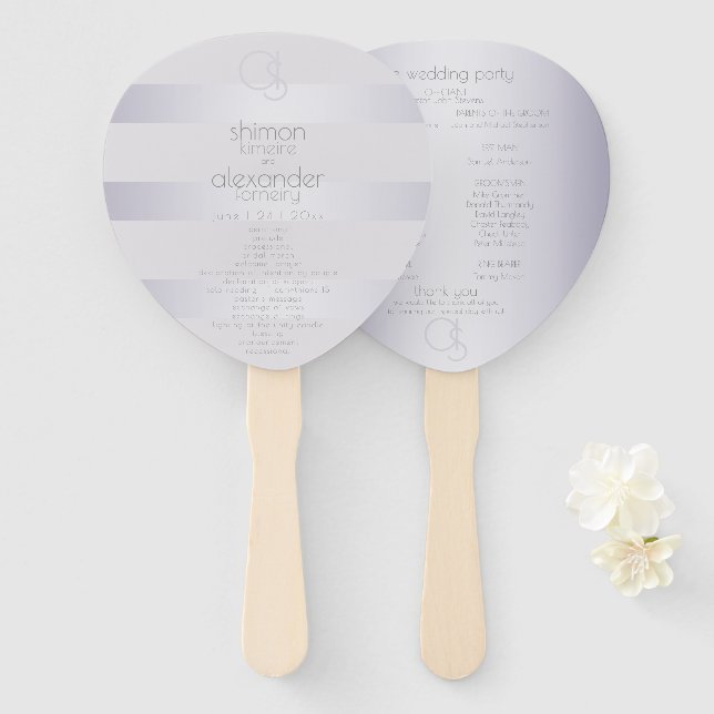 Wedding Program | Violet Silver Stripes Monogram Hand Fan (Front and Back)