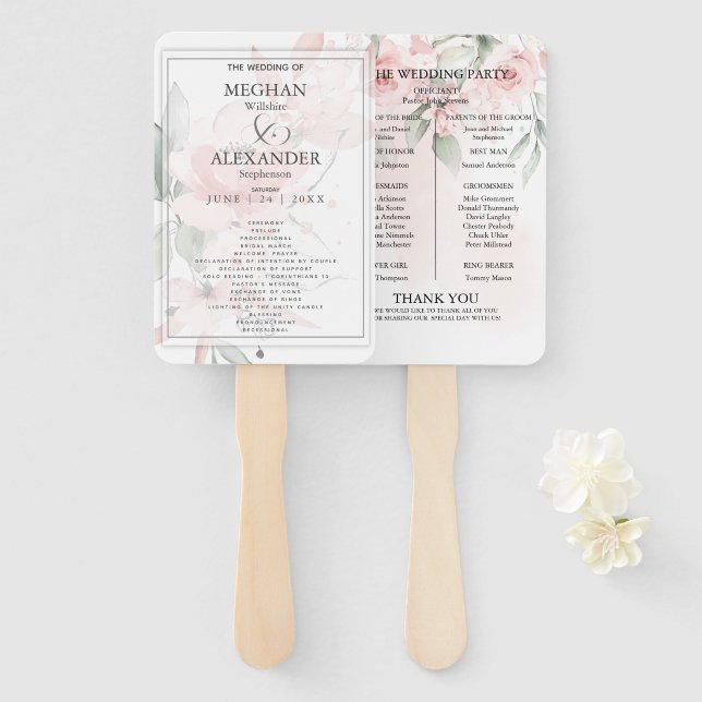 Wedding Program | Watercolor Blush Pink Floral Hand Fan (Front and Back)
