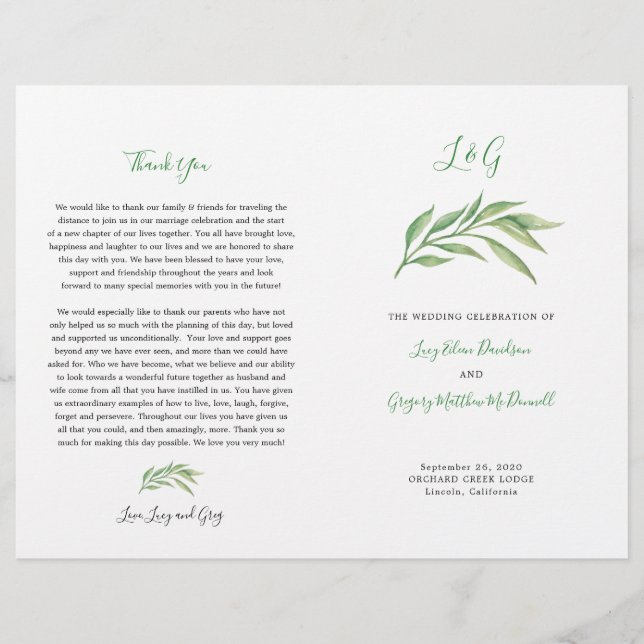 Wedding Program | Watercolor Botanical Leaves (Front)
