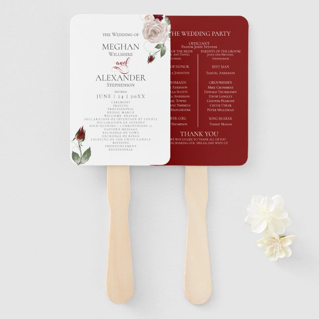 Wedding Program | Watercolor Dusty Blush Wine Rose Hand Fan (Front and Back)