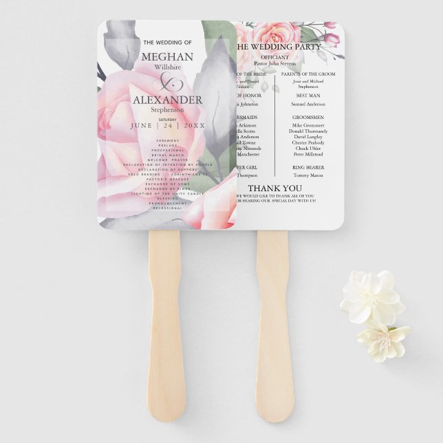 Wedding Program | Watercolor Pink Roses Hand Fan (Front and Back)