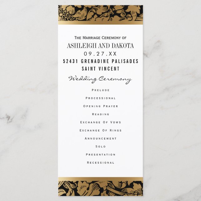 Wedding Programs | Golden Floral Damask on Black Programme (Front)