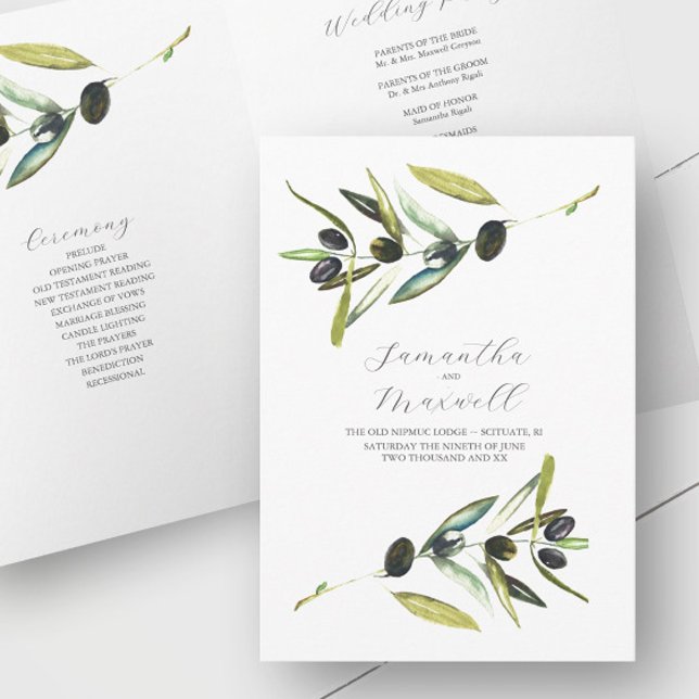 Wedding Programs Watercolor Olive Folded Programme (Rustic wedding program watercolor olive branch art by Victoria Grigaliunas of Do Tell A Belle)
