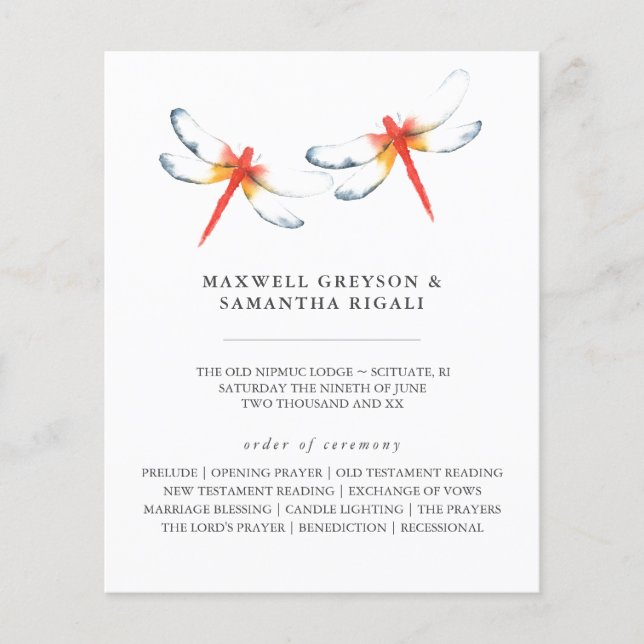 Wedding Programs Watercolor Red Dragonfly (Front)