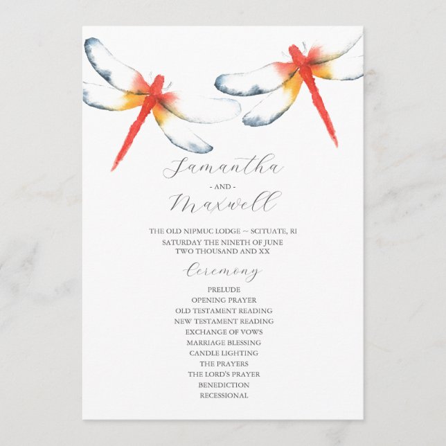Wedding Programs Watercolor Red Dragonfly Invitation (Front)