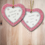 Wedding Proposal Pink Damask Faux Diamond<br><div class="desc">What a wonderful and romantic way to propose marriage to your sweetheart! This pretty ornament features a white heart framed in faux diamond gem images on a pretty rose pink and silver floral damask background. Inside the white heart is your text in matching silver grey, plus twinkling snowflake images. The...</div>