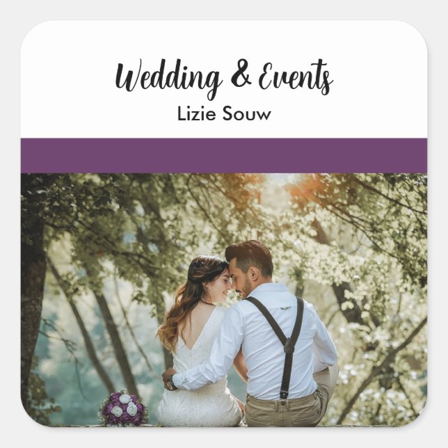 Wedding purple and white square sticker (Front)