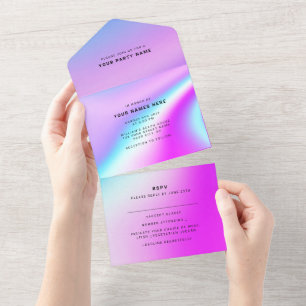 Wedding Purple Holographic Modern Elegant All In One Invitation
