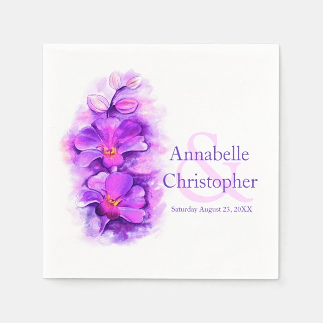Wedding purple orchid watercolor art paper napkin (Front)