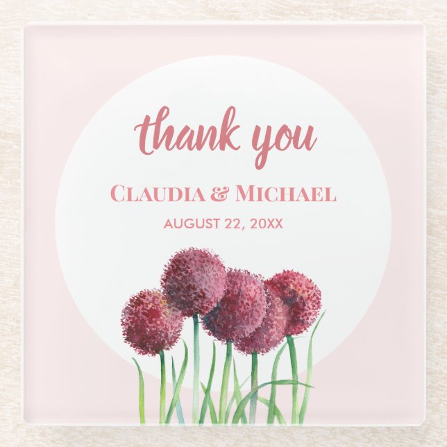 Wedding Purple Pink Alliums Flower Watercolor Glass Coaster (Front)