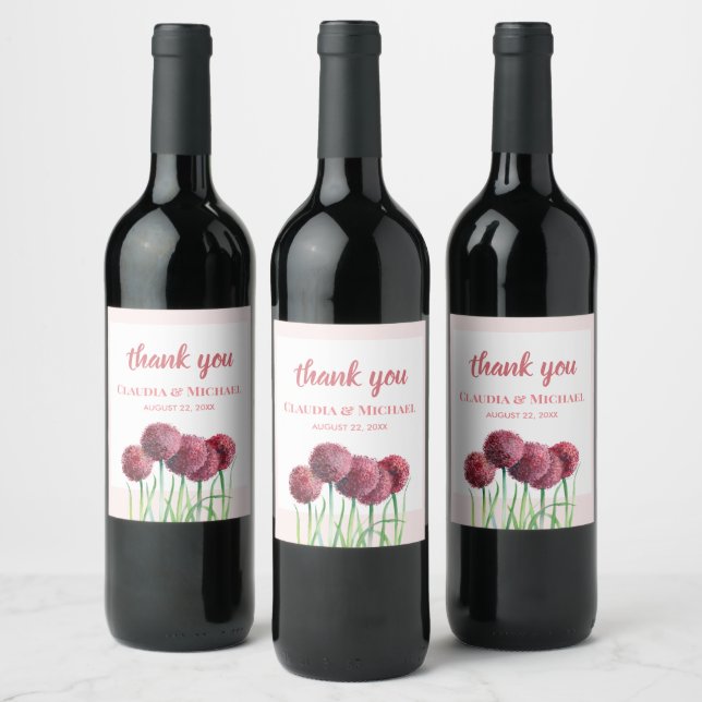 Wedding Purple Pink Alliums Flower Watercolor Wine Wine Label (Bottles)