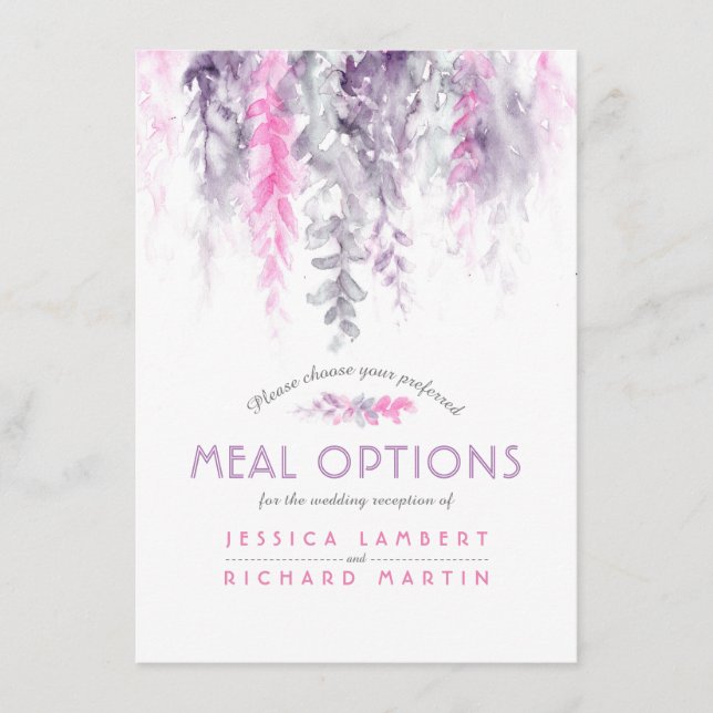 Wedding purple pink flower cascade meal options enclosure card (Front)