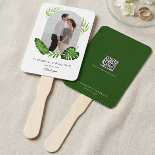 Wedding QR Code Custom Photo Tropical Greenery Hand Fan
