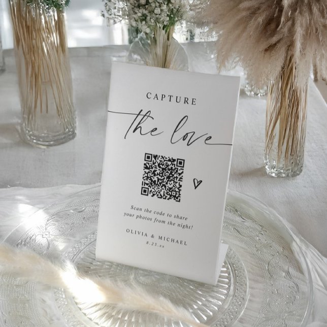 Wedding QR Code Elegant Photo Sharing Pedestal Sign (Modern wedding QR code sign with elegant calligraphy and heart for guest photo sharing.)