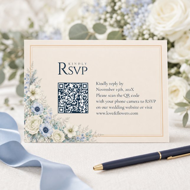 Wedding QR Code RSVP Card | Blue Ivory Winter  (Creator Uploaded)