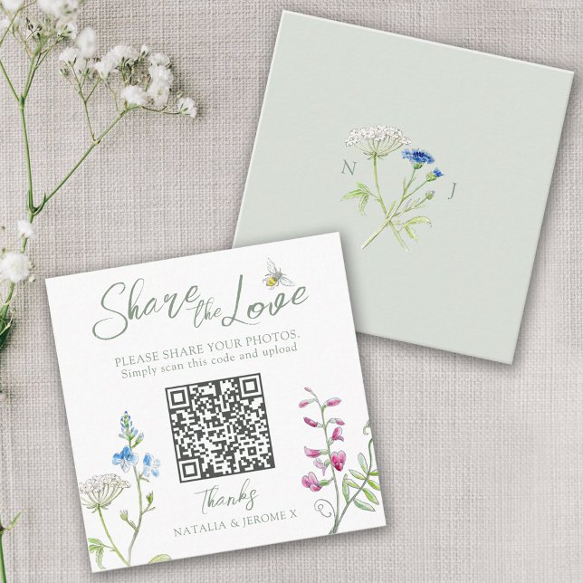 Wedding QR photo share wildflower monogram Enclosure Card (Creator Uploaded)