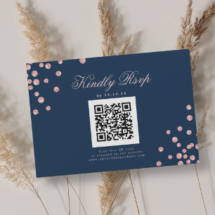 Wedding QR RSVP Rose Gold Confetti Navy Blue Card