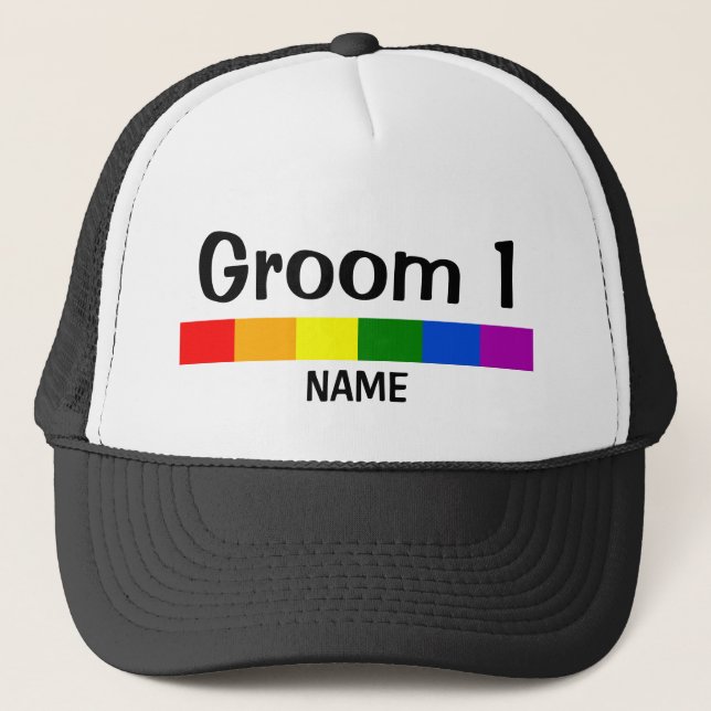 Wedding Rainbow Flag Banner Groom 1 Name Trucker Hat (Front)