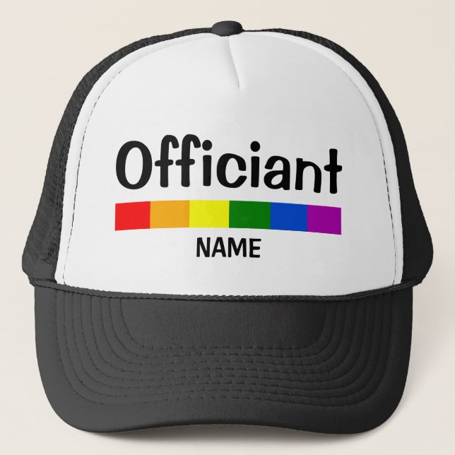 Wedding Rainbow Flag Banner Officiant Trucker Hat (Front)