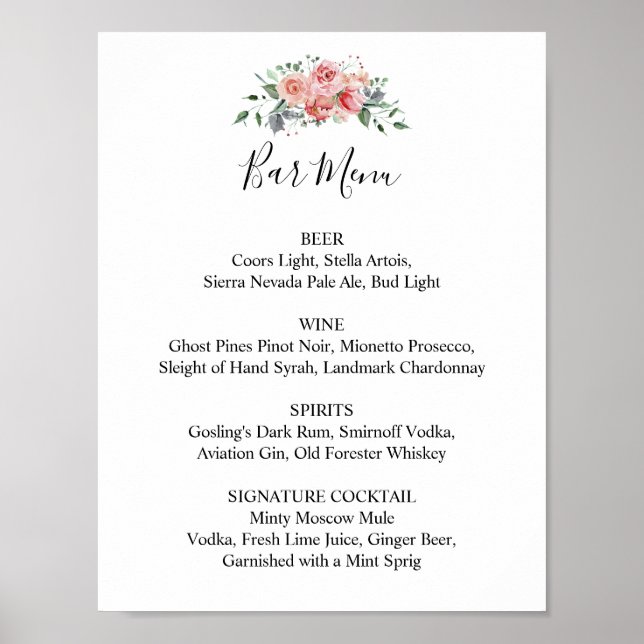 Wedding Reception Bar Menu Pink Floral Script Poster (Front)