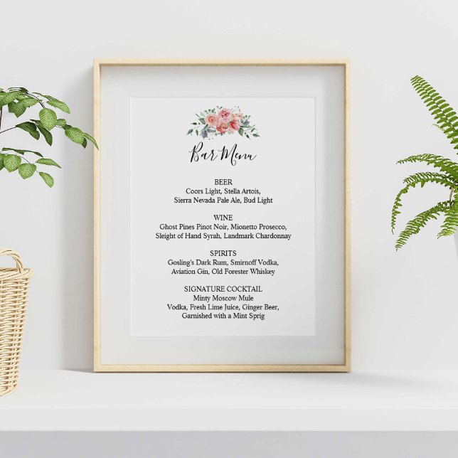 Wedding Reception Bar Menu Pink Floral Script Poster (Creator Uploaded)