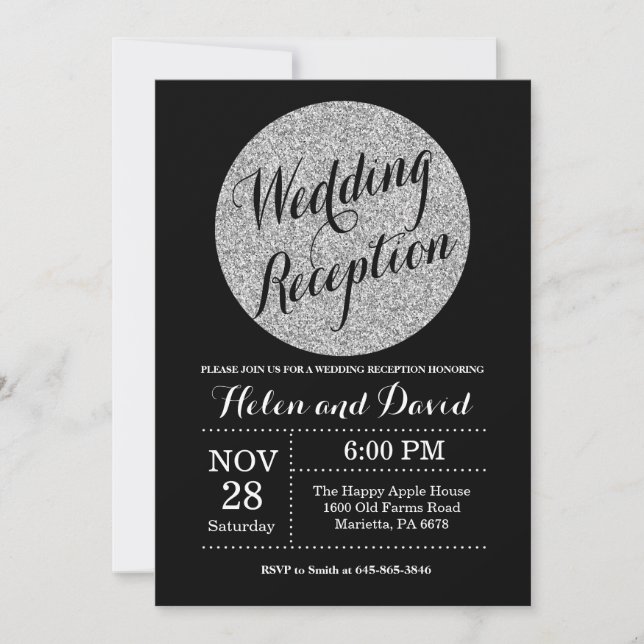 Wedding Reception Black Silver Glitter Invitation (Front)