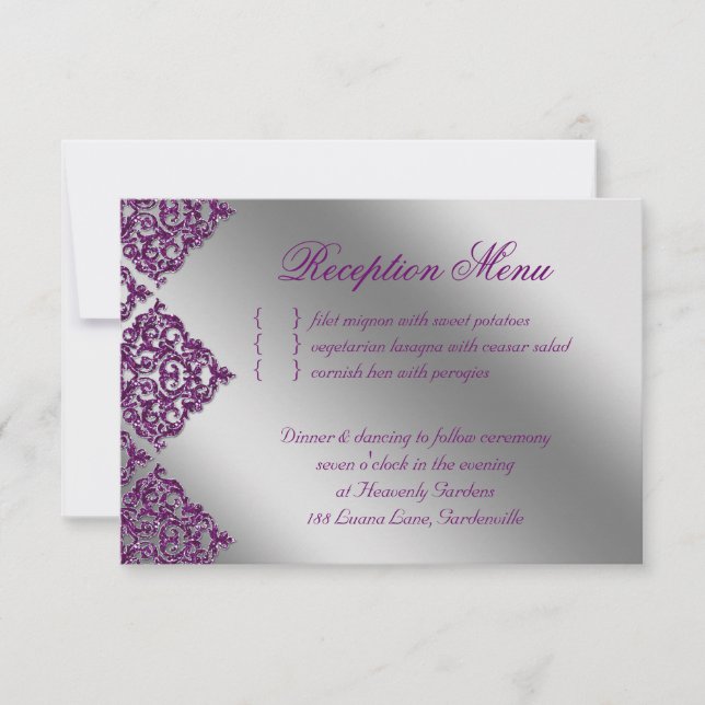 Wedding Reception Damask Purple Silver Sparkle RSVP Card (Front)