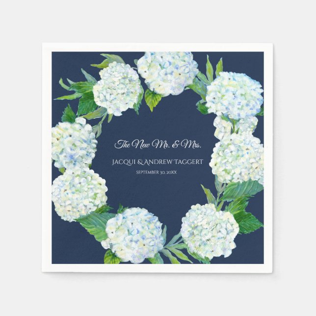 Wedding Reception Decor Navy w White Hydrangea Art Napkin (Front)