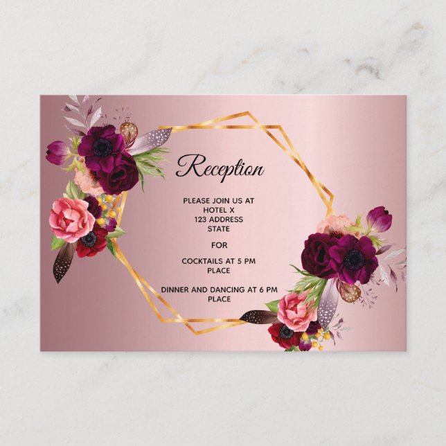 Wedding reception details pink floral dusty rose enclosure card (Front)