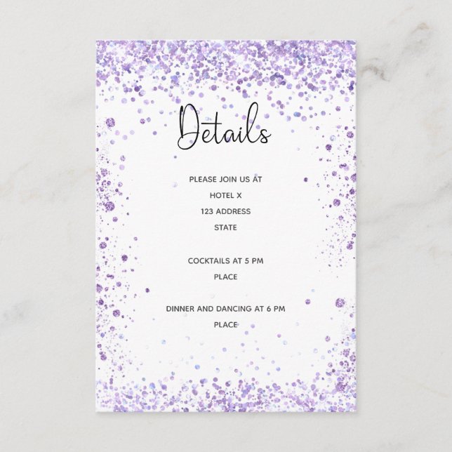 Wedding reception details violet lavender glitter enclosure card (Front)