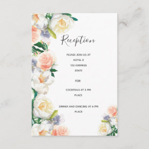 Wedding reception details white coral lush florals enclosure card