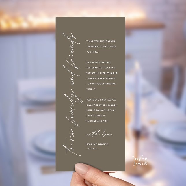 Wedding Reception Dinner Modern Thank You Card (Welcome and thanks, Modern Wedding Reception Dinner Thank You card, family friends in warm taupe)