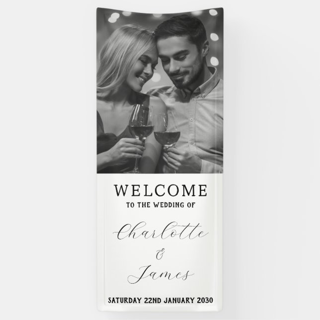 Wedding Reception Happy Couple Photo White Welcome Banner (Vertical)