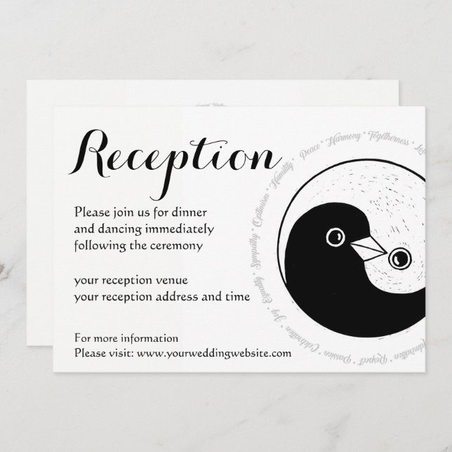 WEDDING RECEPTION INVITE. b/w YinYang doves Invitation (Front/Back)
