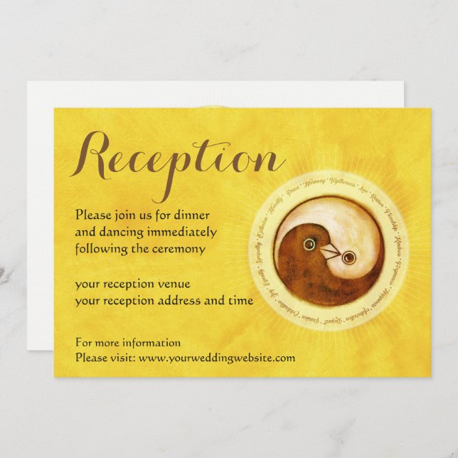 WEDDING RECEPTION INVITE. Gold YinYang doves Invitation (Front/Back)