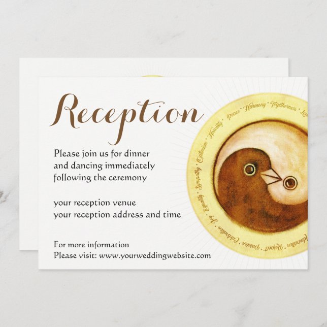 WEDDING RECEPTION INVITE. Gold YinYang doves Invitation (Front/Back)