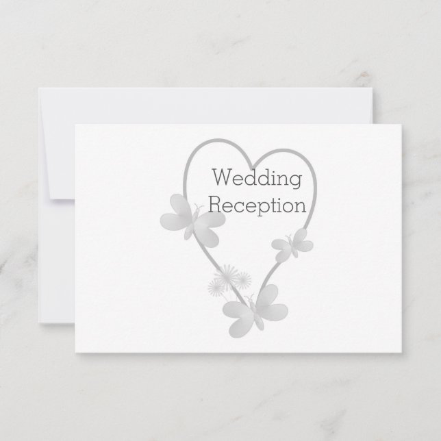 Wedding Reception Invite Silver Heart Butterflies (Front)