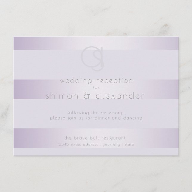 Wedding Reception | Lilac Shimmer Stripes Monogram Enclosure Card (Front)