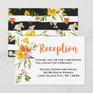 Wedding Reception Lily Flowers Black White Stripes Invitation