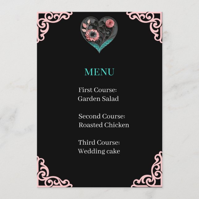 Wedding Reception Menu Card – Quilled Heart (Front)
