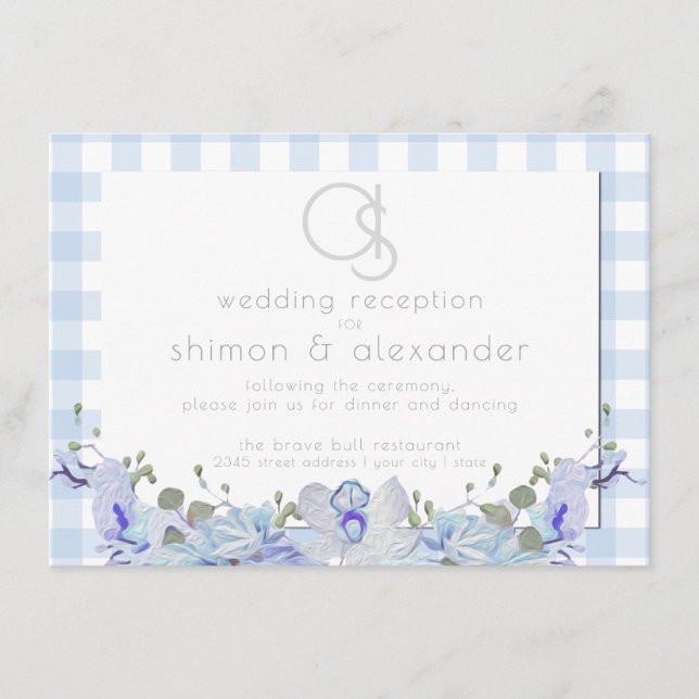 Wedding Reception | Monogram Blue Gingham Enclosure Card (Front)