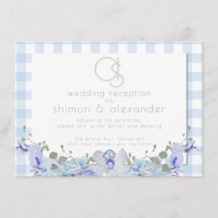 Wedding Reception   Monogram Blue Gingham Enclosure Card