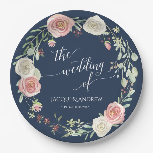 Wedding Reception Navy Blush Ivory Roses Wreath Paper Plate (Front)