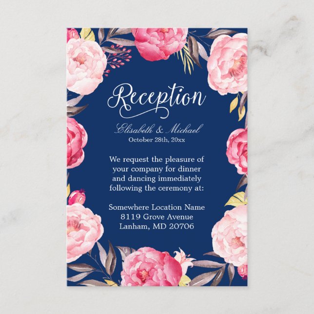 Wedding Reception Pink Floral Wreath Navy Blue Enclosure Card (Front)