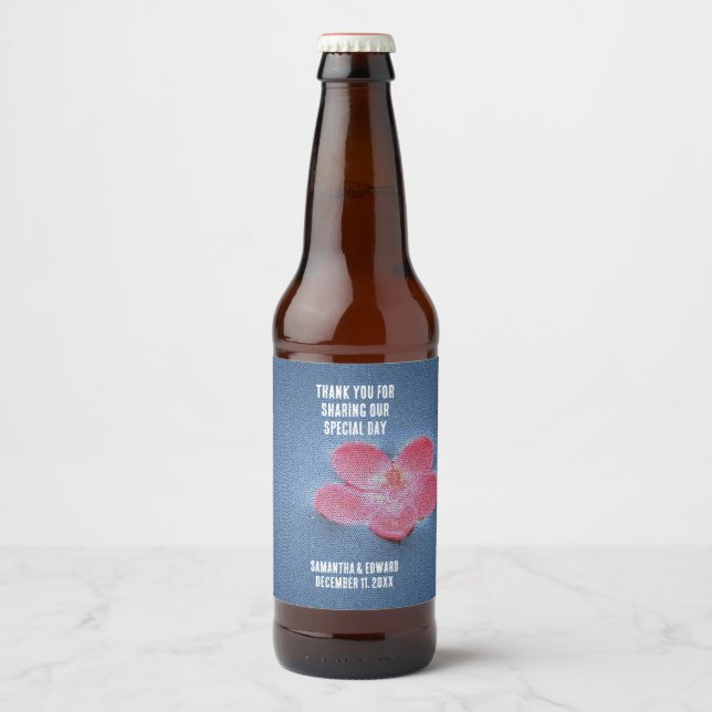 Wedding Reception Pink Flower Guest Thanks Favour Beer Bottle Label (Front)